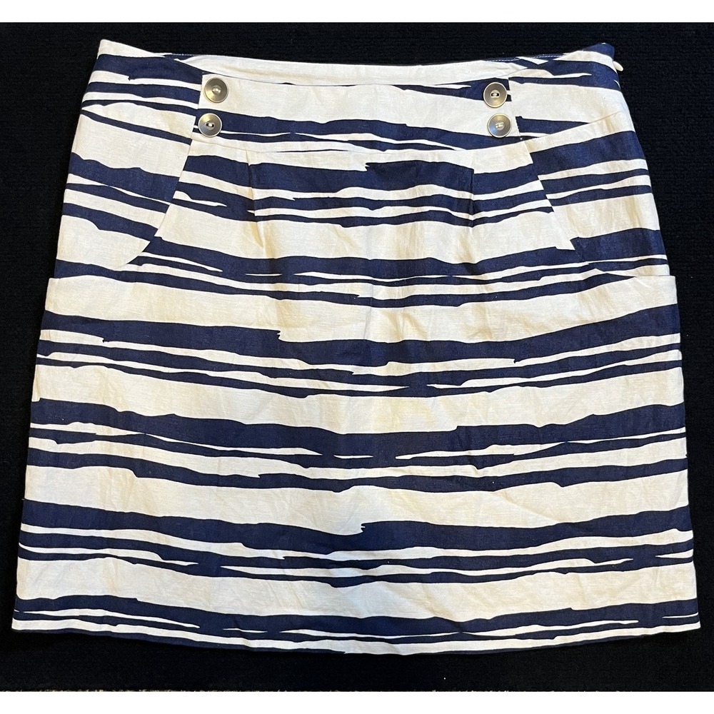 Merona Skirt Womens 12 Blue White Button Front Striped Linen Blend Lined Pockets